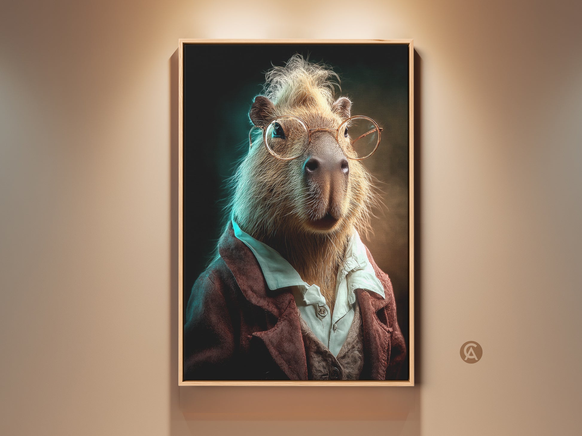 Framed funny capybara art print featuring a glasses-wearing rodent. The artwork adds eclectic animal wall decor to any office. A perfect gift for animal lovers this unique print is sophisticated and quirky.