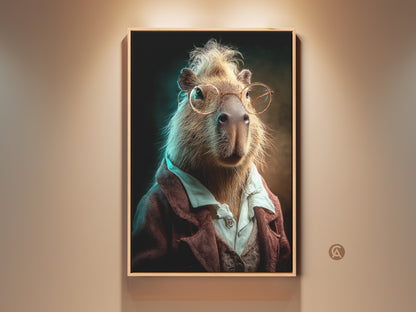 Framed funny capybara art print featuring a glasses-wearing rodent. The artwork adds eclectic animal wall decor to any office. A perfect gift for animal lovers this unique print is sophisticated and quirky.