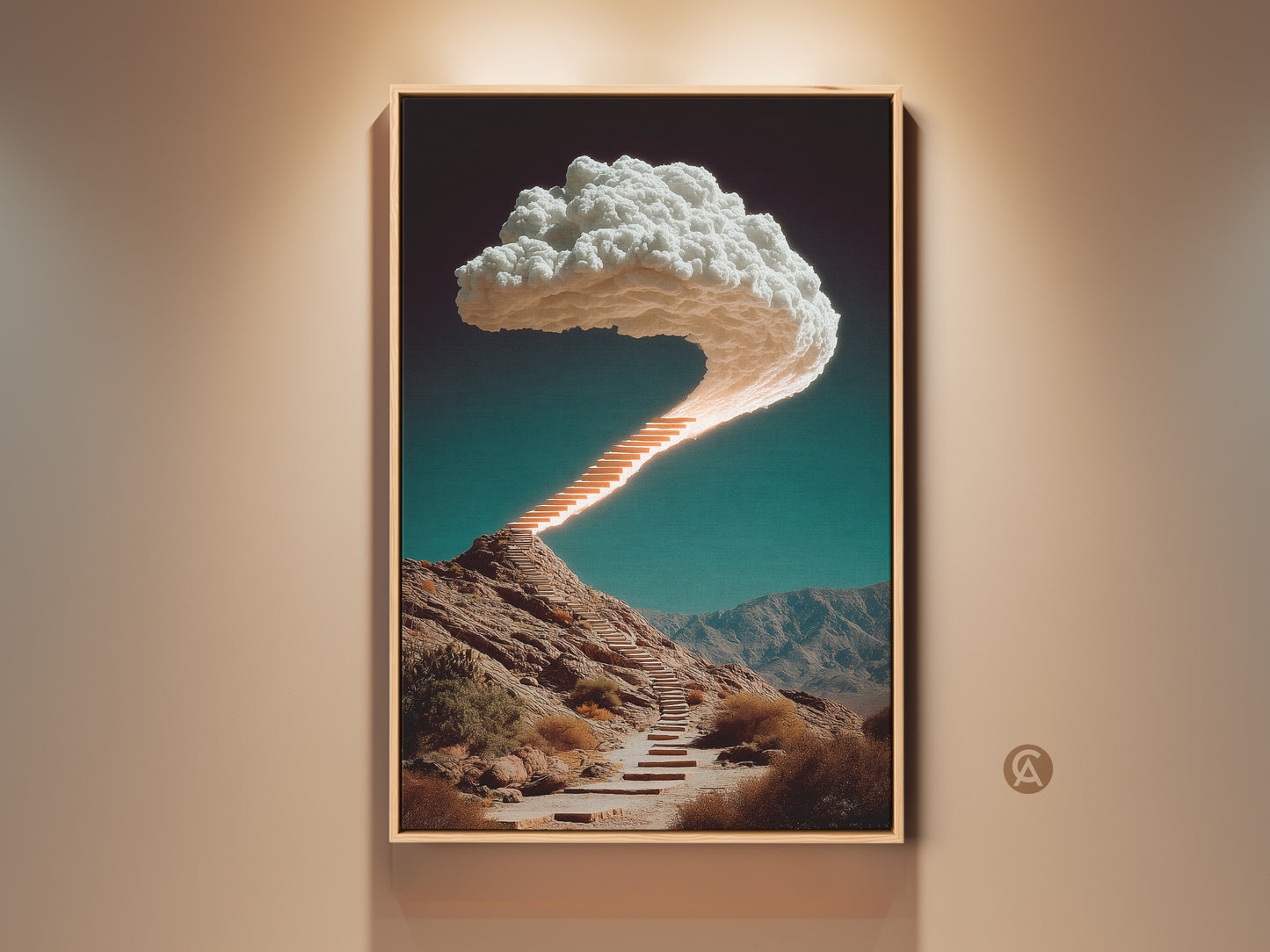 This contemporary canvas print features a surreal stairway and cloud artwork. This orange and teal landscape is ideal for a bedroom or office. The artistic mountain view evokes aspiration. It is a unique home decor piece.