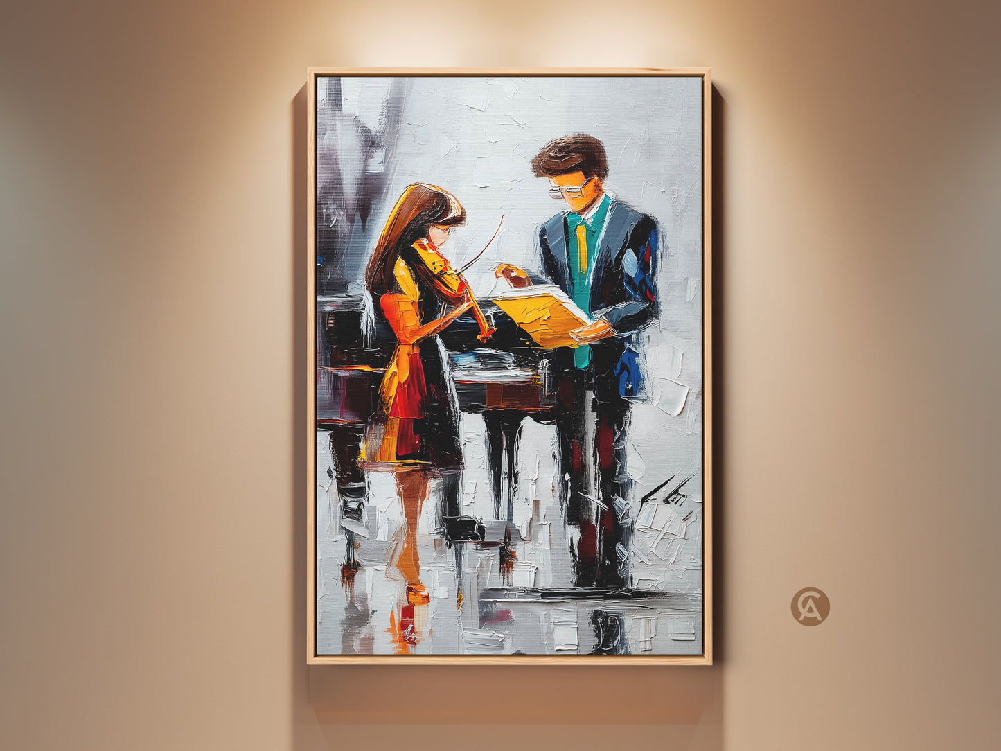 Impressionist violin and piano art in teal blue and orange. This music canvas artwork features abstract figures. See the contemporary study room decor. A perfect gift for musicians.
