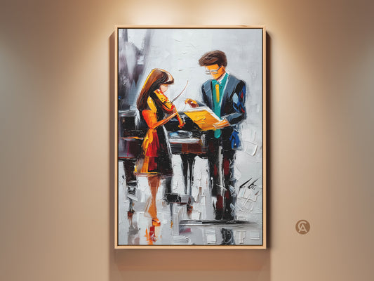 Impressionist violin and piano art in teal blue and orange. This music canvas artwork features abstract figures. See the contemporary study room decor. A perfect gift for musicians.
