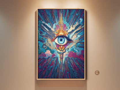 A framed abstract eye wall art is displayed. Spiritual sunburst canvas art is shown in a room setting. This psychedelic teal orange and blue artwork creates an eclectic focal point. Perfect bedroom decor gift for cosmic vision and meditation.