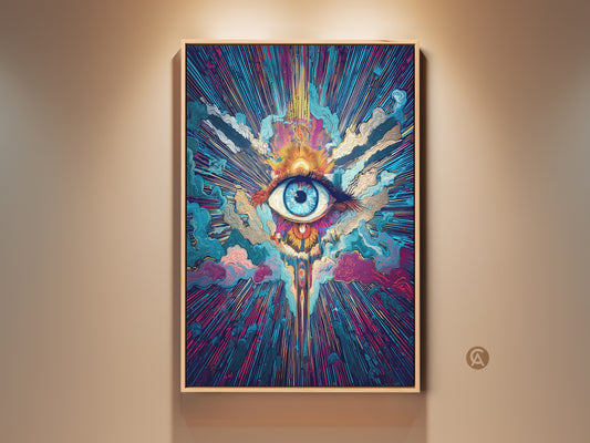 A framed abstract eye wall art is displayed. Spiritual sunburst canvas art is shown in a room setting. This psychedelic teal orange and blue artwork creates an eclectic focal point. Perfect bedroom decor gift for cosmic vision and meditation.