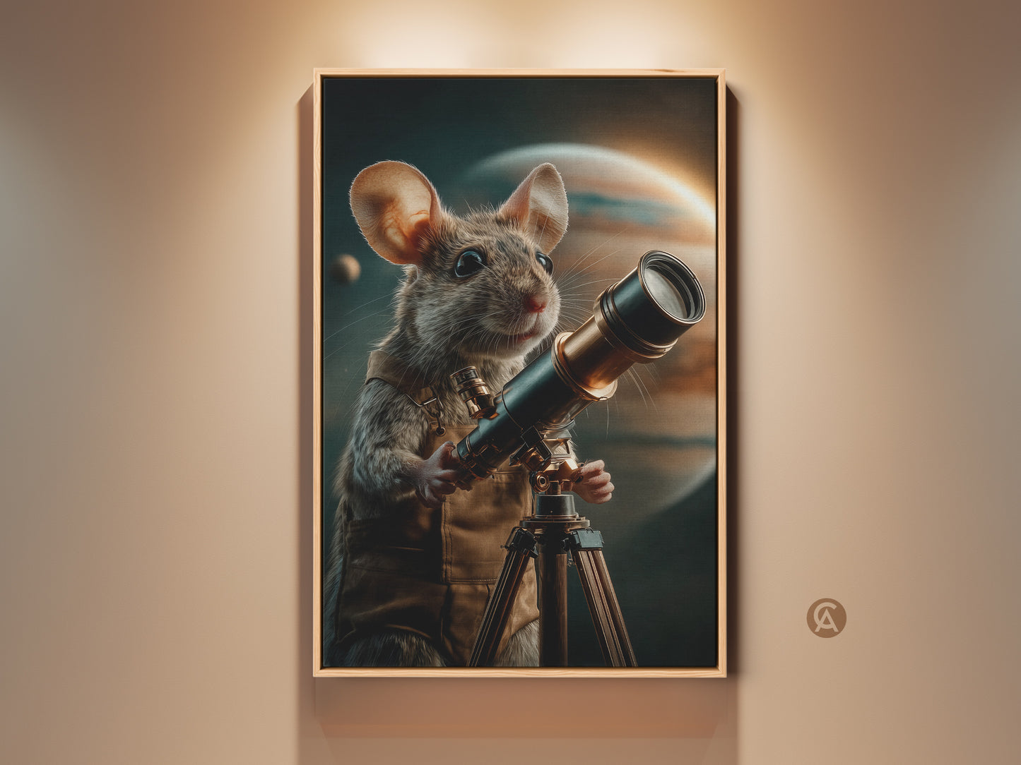 Mouse with telescope art print. This space exploration canvas shows a curious mouse in a golden age aesthetic. The earthy brown & dark teal art is perfect for office study decor. This stargazer birthday gift brings sophistication and whimsy to any space. A celestial mouse painting for space and animal lovers.