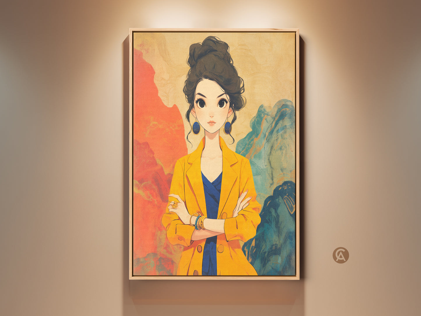 Anime art wall decor in a contemporary fashion portrait style. The artwork features a stylish woman in a yellow jacket with blue accents. This modern print adds a unique touch to any bedroom or office. It's a thoughtful gift for her showcasing a blend of contemporary and anime-inspired aesthetics.