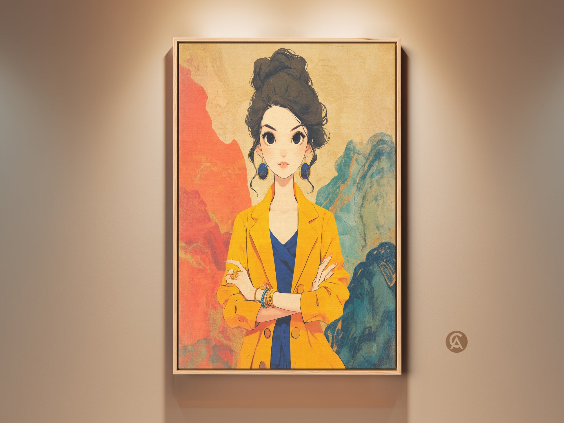 Anime art wall decor in a contemporary fashion portrait style. The artwork features a stylish woman in a yellow jacket with blue accents. This modern print adds a unique touch to any bedroom or office. It's a thoughtful gift for her showcasing a blend of contemporary and anime-inspired aesthetics.