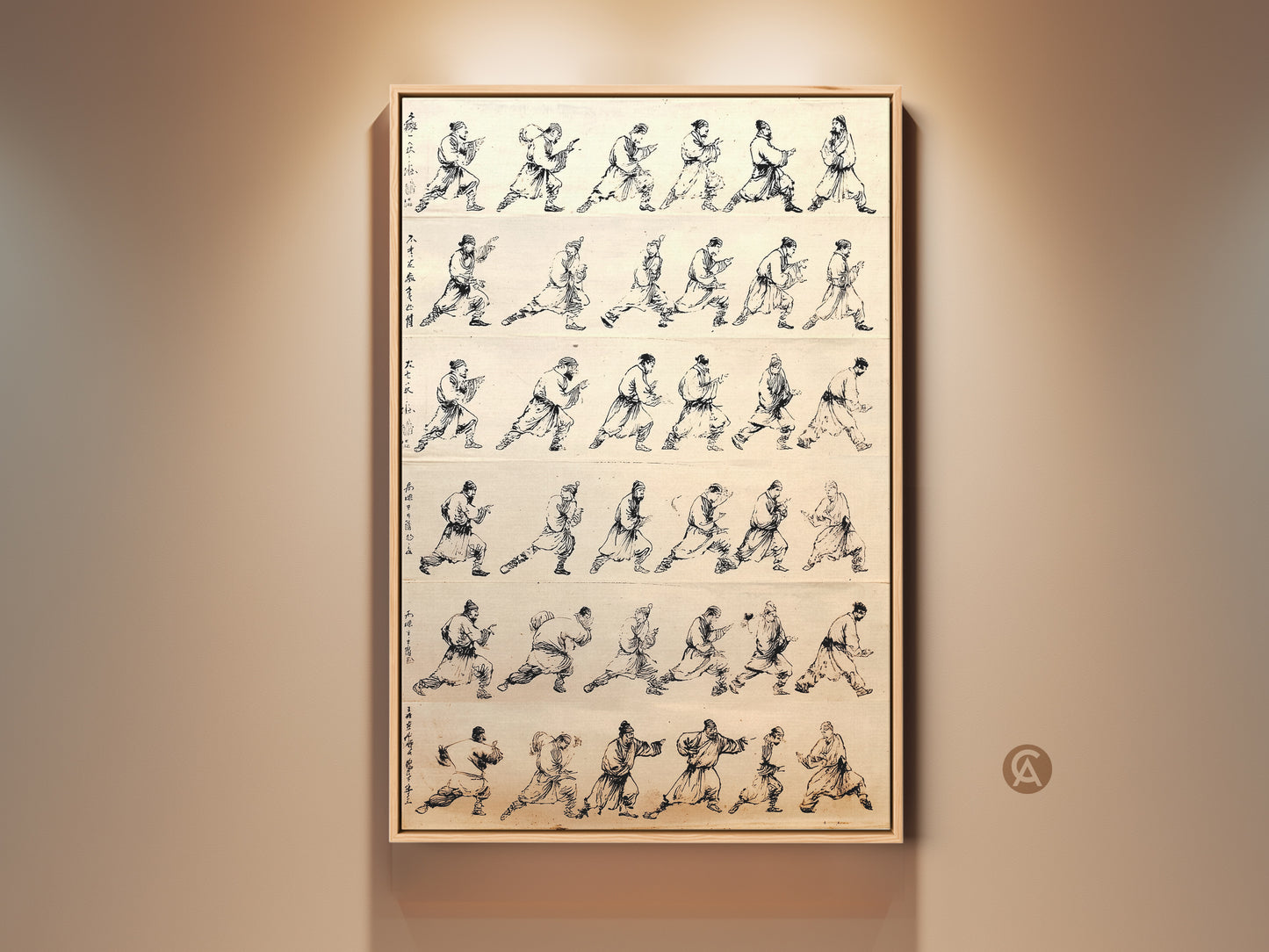 Traditional Chinese ink wash art is showcased in a framed canvas print. This minimalist black and white artwork features martial arts warrior movement studies. The study and office wall decor embodies disciplined energy and historical depth. It's a fine art print for a culturally rich space.