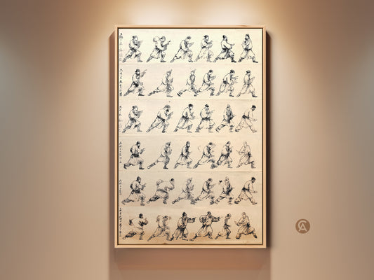 Traditional Chinese ink wash art is showcased in a framed canvas print. This minimalist black and white artwork features martial arts warrior movement studies. The study and office wall decor embodies disciplined energy and historical depth. It's a fine art print for a culturally rich space.