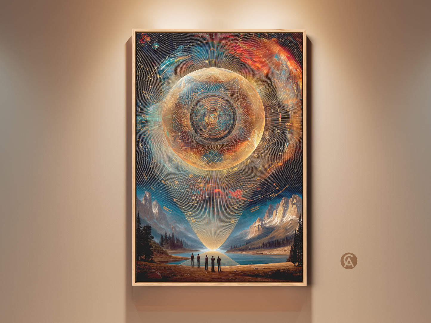 Explore Gold Teal Sphere Art a captivating abstract canvas print. This sci-fi landscape art brings futuristic mountains to your office or study decor. Silhouetted figures contemplate a cosmic scene. The artwork blends gold orange and teal hues for a contemporary look. Perfect wall art for man caves and modern spaces.