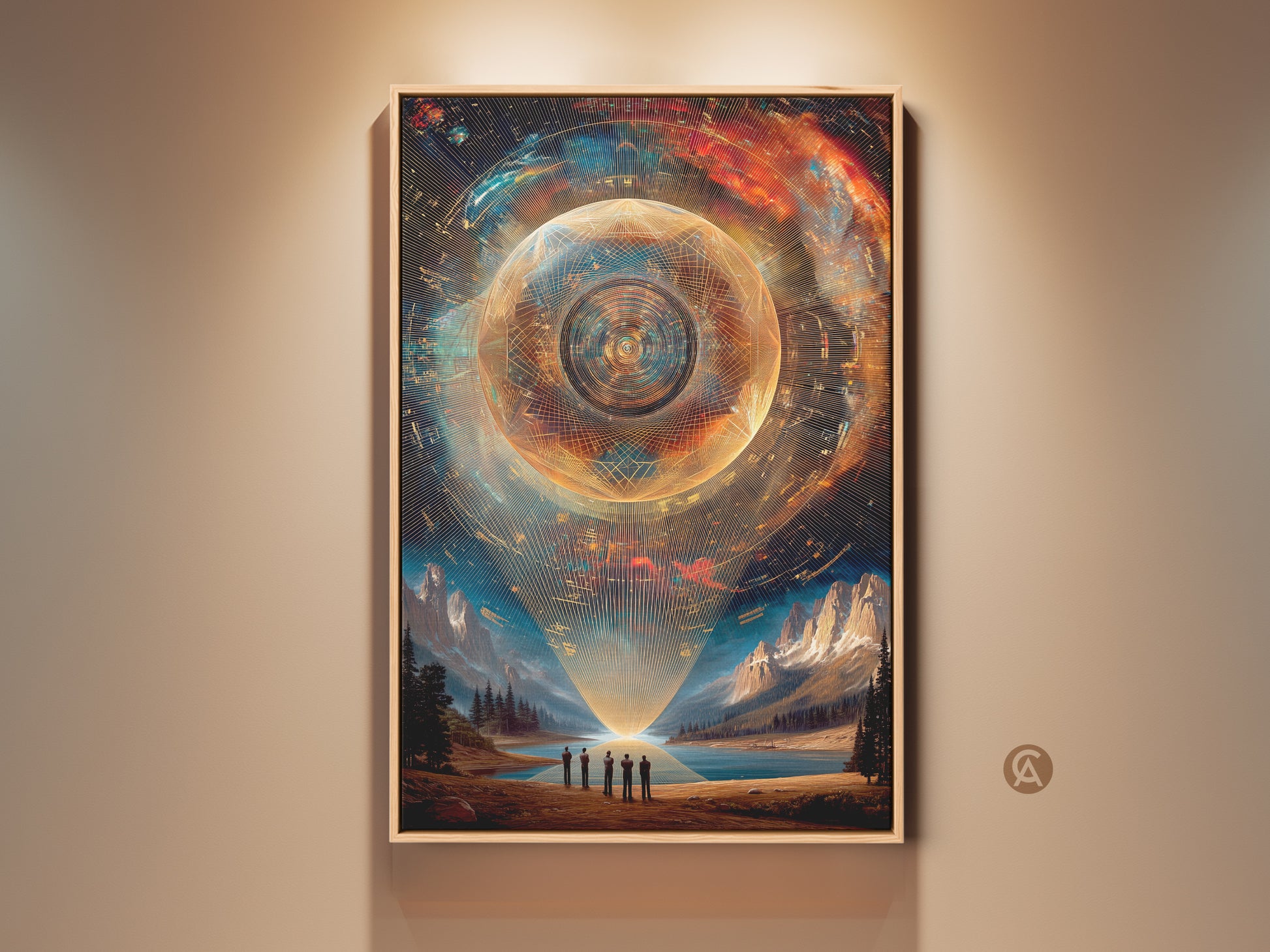 Explore Gold Teal Sphere Art a captivating abstract canvas print. This sci-fi landscape art brings futuristic mountains to your office or study decor. Silhouetted figures contemplate a cosmic scene. The artwork blends gold orange and teal hues for a contemporary look. Perfect wall art for man caves and modern spaces.