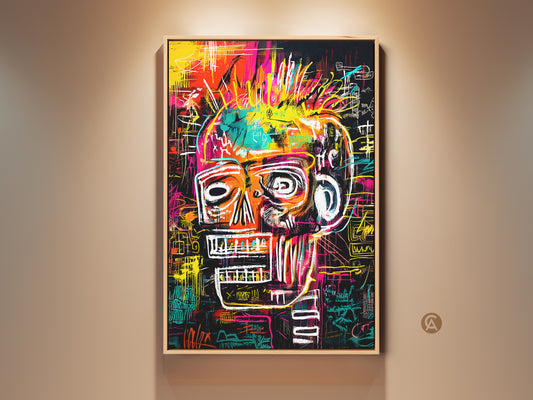 Brighten your space with this striking skull art. The artwork features vibrant colors and bold lines. It's a modern statement piece perfect for any room. This museum-quality canvas will add a touch of edgy sophistication to your home decor. Get ready to transform your walls with this unique piece.