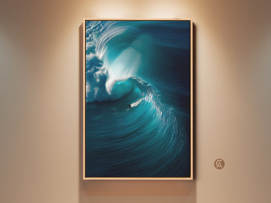 A surfer rides a huge teal wave in this breathtaking ocean art print. This framed artwork captures the power of the ocean. The surfer adds a sense of scale to the large wave. Perfect wall art for surf enthusiasts. The wood frame complements the ocean scene.