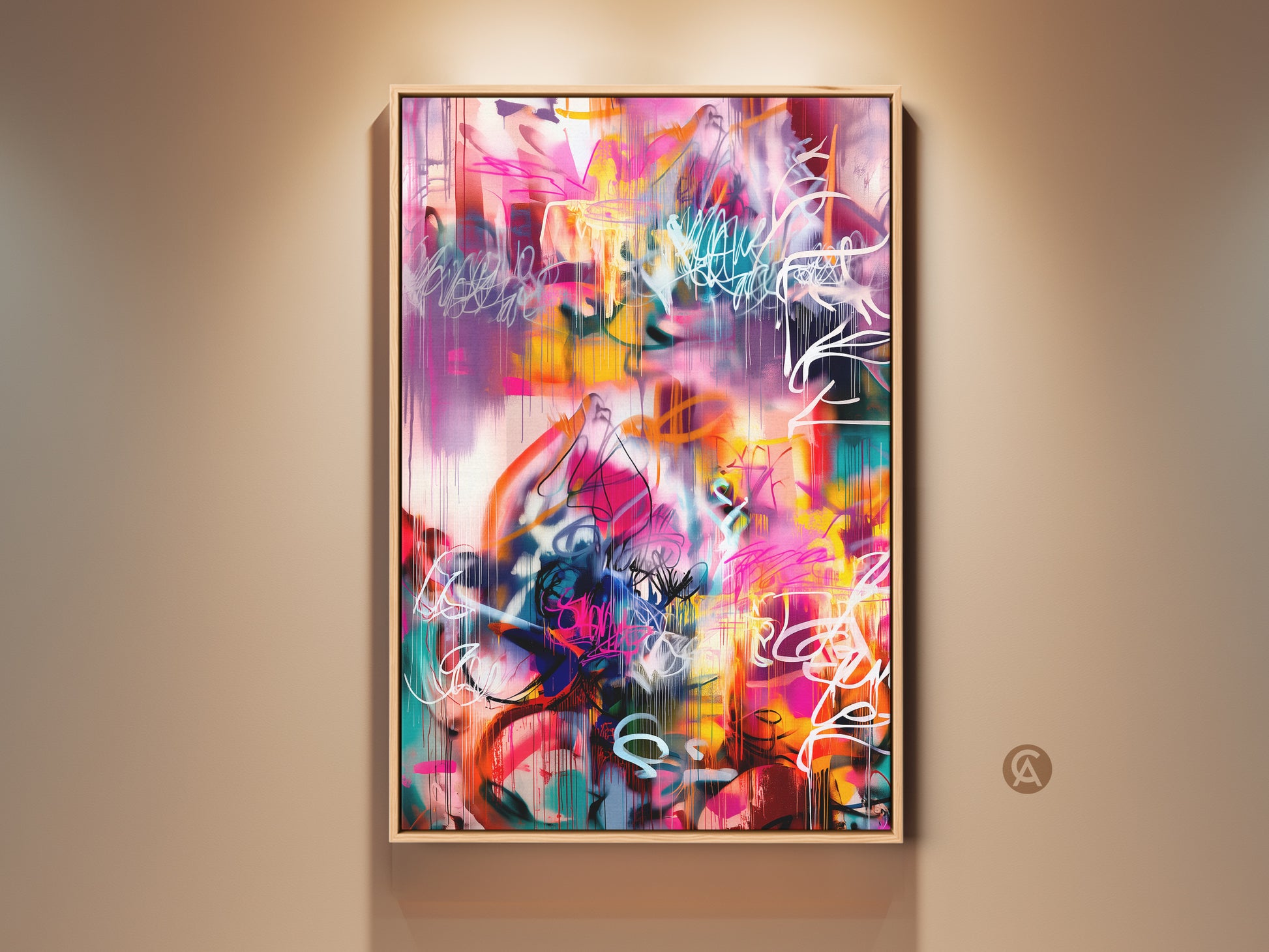 Contemporary abstract painting in a natural wood floating frame. The colorful artwork features pink yellow teal and white hues. The painting is displayed on a beige wall with directional lighting. Perfect modern art for any home or office space.
