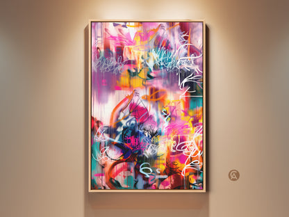 Contemporary abstract painting in a natural wood floating frame. The colorful artwork features pink yellow teal and white hues. The painting is displayed on a beige wall with directional lighting. Perfect modern art for any home or office space.