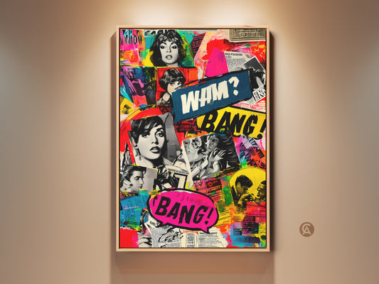Vibrant vintage women collage art print. Retro pop art style adds an eclectic touch to any office. Comic book inspired wall art with bold red and blue hues. A statement piece for a pop culture enthusiast.