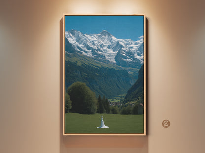Experience the serene beauty of the Swiss Alps with this photorealistic canvas art. A woman in white stands in a green meadow. Snow-capped mountains rise majestically in the background. This nature artwork adds Scandinavian elegance to any space. Perfect wanderlust wall decor for travel enthusiasts and nature lovers. Ideal housewarming gift to bring the Alps home