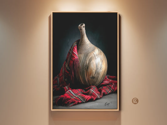 Realistic still life art showcases a pottery vase draped with a red plaid fabric. Warm beige and brown tones create an inviting focal point. This traditional artwork adds eclectic charm to any home perfect for collectors.
