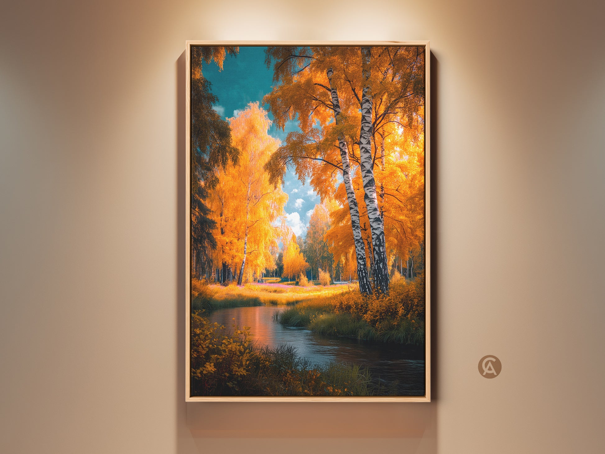 Framed birch tree art print hanging on a wall. This artwork showcases a tranquil river scene. Golden autumn foliage complements the serene blue sky. Perfect wall decor for nature lovers. Enhance your home with this peaceful landscape art. 