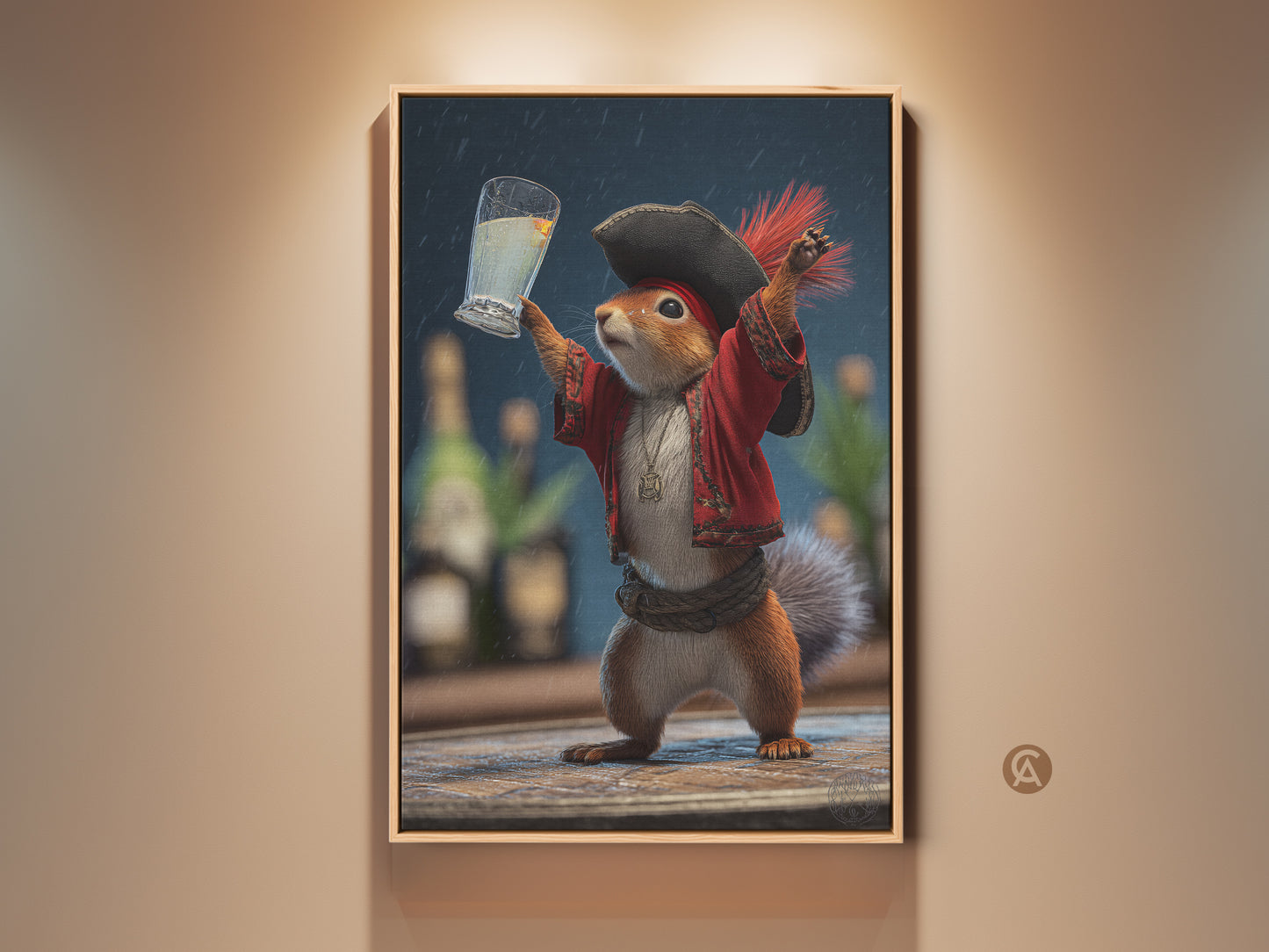 Whimsical pirate squirrel art print displayed in a frame. Funny animal drinking artwork adds an eclectic touch to any room. Ideal as a unique gift for animal lovers seeking quirky home decor. This fantasy-inspired piece brings humor and character to your wall art collection.