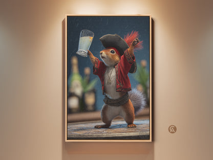 Whimsical pirate squirrel art print displayed in a frame. Funny animal drinking artwork adds an eclectic touch to any room. Ideal as a unique gift for animal lovers seeking quirky home decor. This fantasy-inspired piece brings humor and character to your wall art collection.
