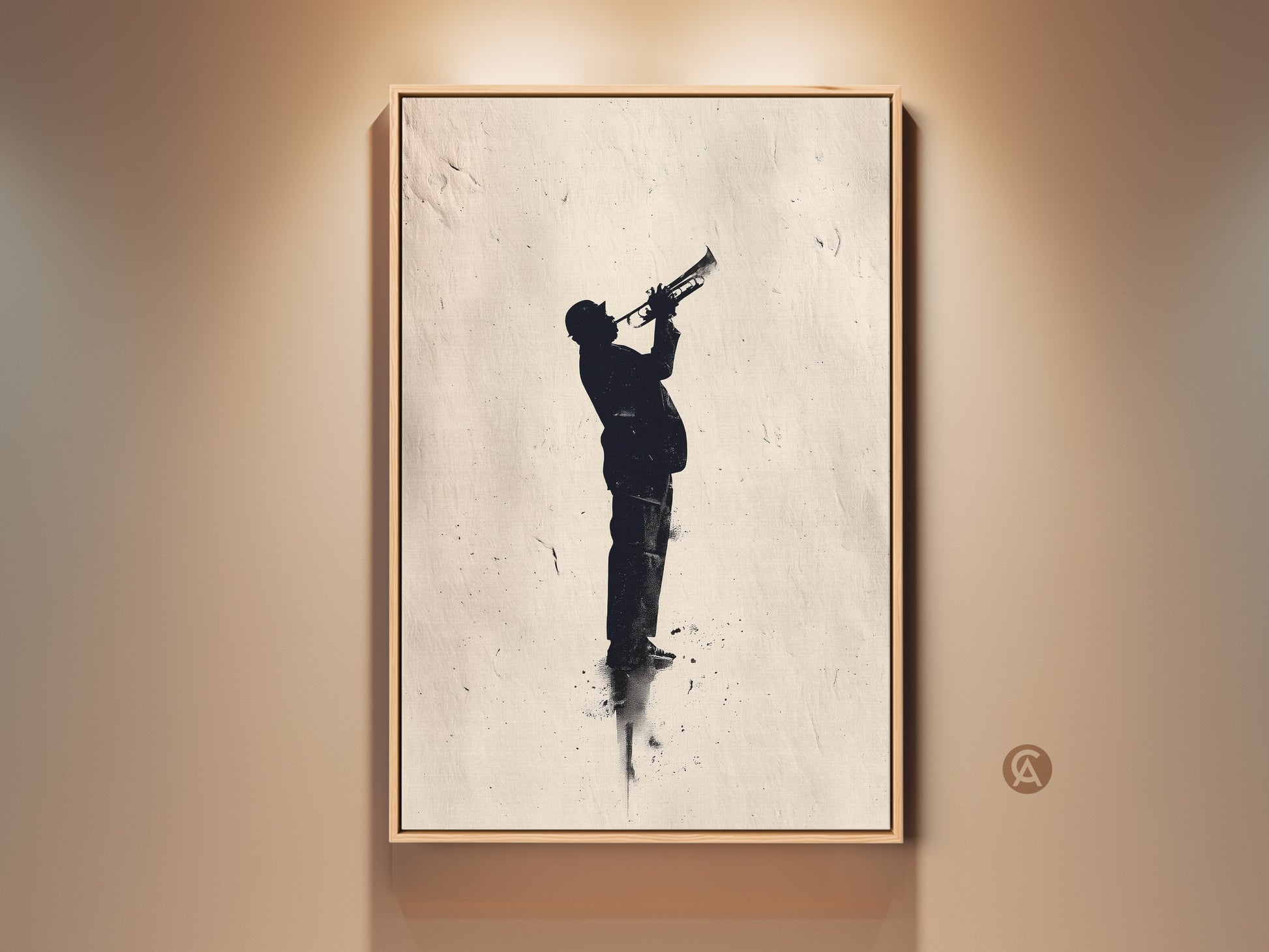 Framed jazz art print on wall. A silhouette of a man plays a trumpet. The artwork adds musical elegance to any space. Buy this unique piece for your home or office.