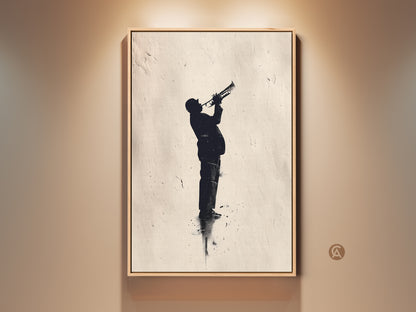 Framed jazz art print on wall. A silhouette of a man plays a trumpet. The artwork adds musical elegance to any space. Buy this unique piece for your home or office.