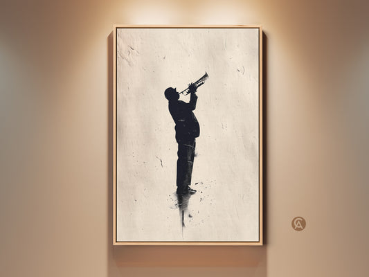 Framed jazz art print on wall. A silhouette of a man plays a trumpet. The artwork adds musical elegance to any space. Buy this unique piece for your home or office.