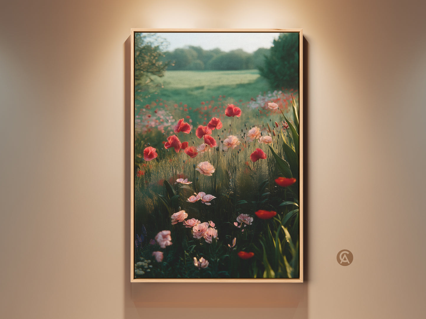 Boho floral canvas print featuring a romantic poppy field. This wall art showcases an impressionistic garden landscape. Ideal bedroom decor for plant lovers seeking natural beauty. The artwork is printed on high-quality canvas.