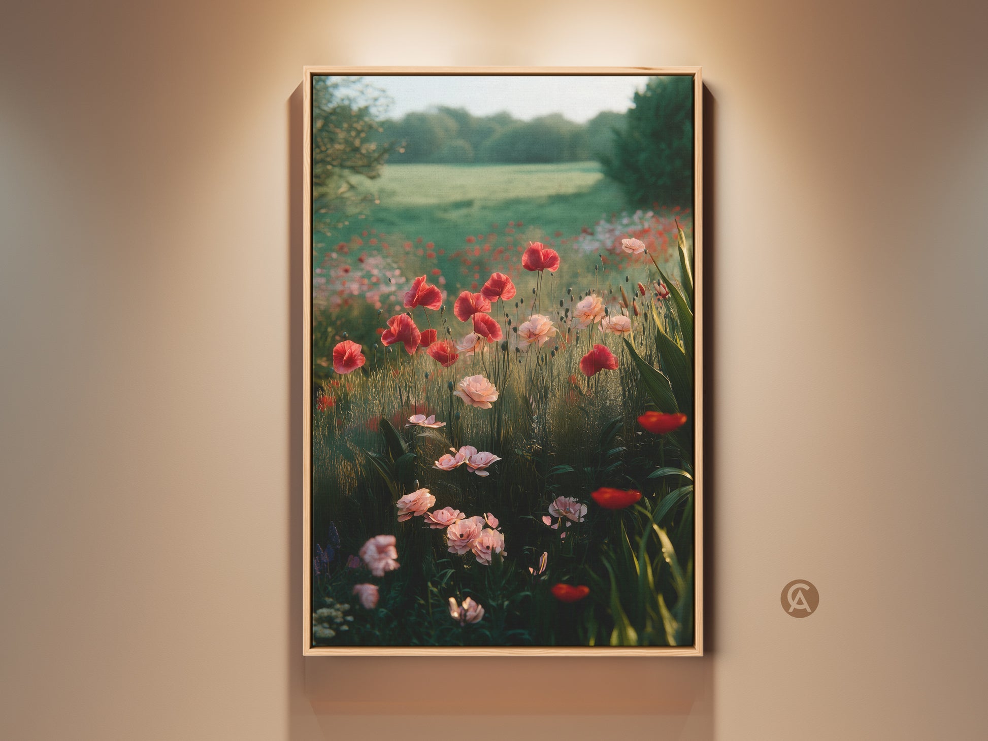 Boho floral canvas print featuring a romantic poppy field. This wall art showcases an impressionistic garden landscape. Ideal bedroom decor for plant lovers seeking natural beauty. The artwork is printed on high-quality canvas.