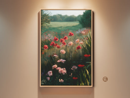 Boho floral canvas print featuring a romantic poppy field. This wall art showcases an impressionistic garden landscape. Ideal bedroom decor for plant lovers seeking natural beauty. The artwork is printed on high-quality canvas.