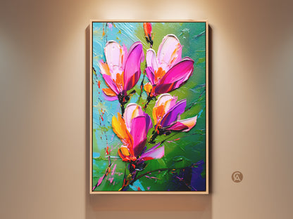 Botanical wall art print featuring textured magenta and pink flowers. This impressionist canvas artwork adds a vibrant touch to bedroom decor. The framed floral art print brings an eclectic feel. A perfect housewarming gift for plant lovers looking for modern botanical art.
