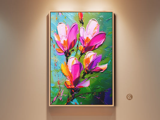 Botanical wall art print featuring textured magenta and pink flowers. This impressionist canvas artwork adds a vibrant touch to bedroom decor. The framed floral art print brings an eclectic feel. A perfect housewarming gift for plant lovers looking for modern botanical art.