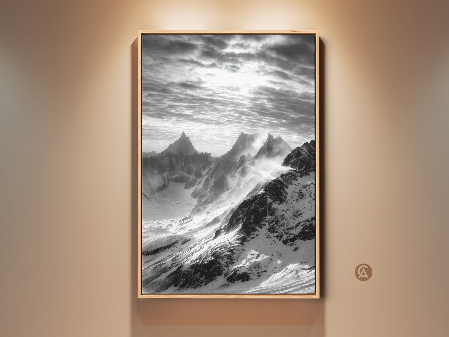Modern monochrome mountain art in a wood frame. The snowy peaks canvas print captures a black and white landscape. This nature wall art is a gift for outdoor lovers. It adds a minimalist mountain scene to any room.