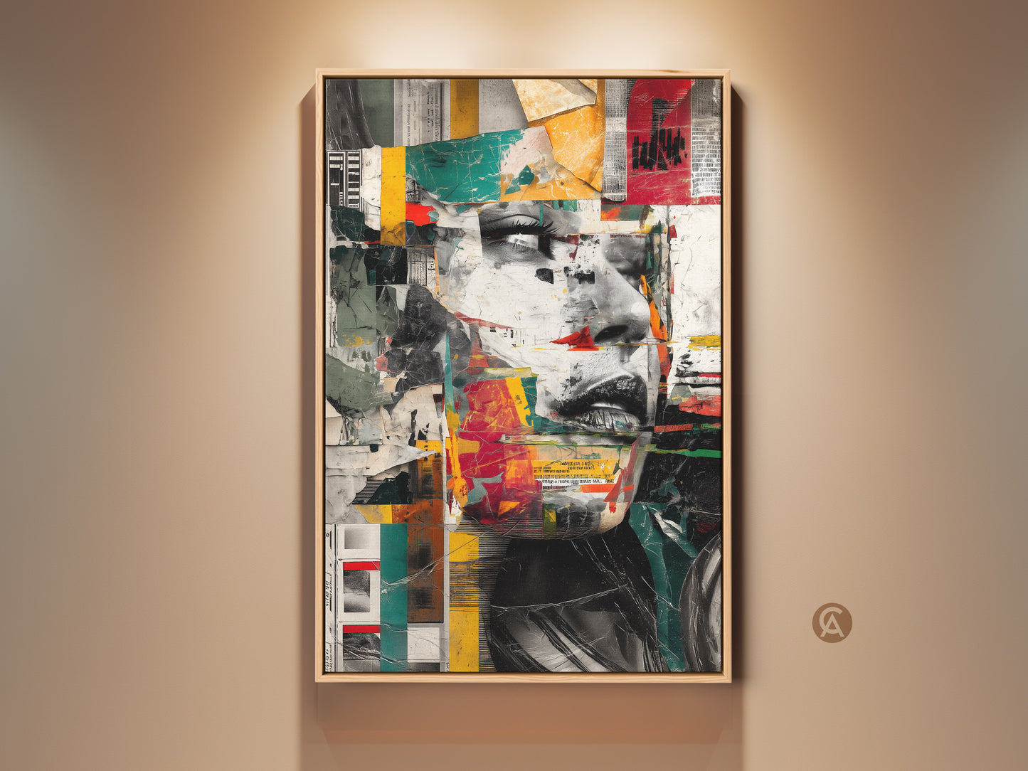 Framed abstract woman face collage art print. Eclectic artwork in red teal yellow. Modern mixed media print for bedroom or office wall decor. A unique portrait artwork that brings contemporary flair. Perfect gift for art lovers. Geometric collage print with vibrant colors. Textured artistic face for home or office.