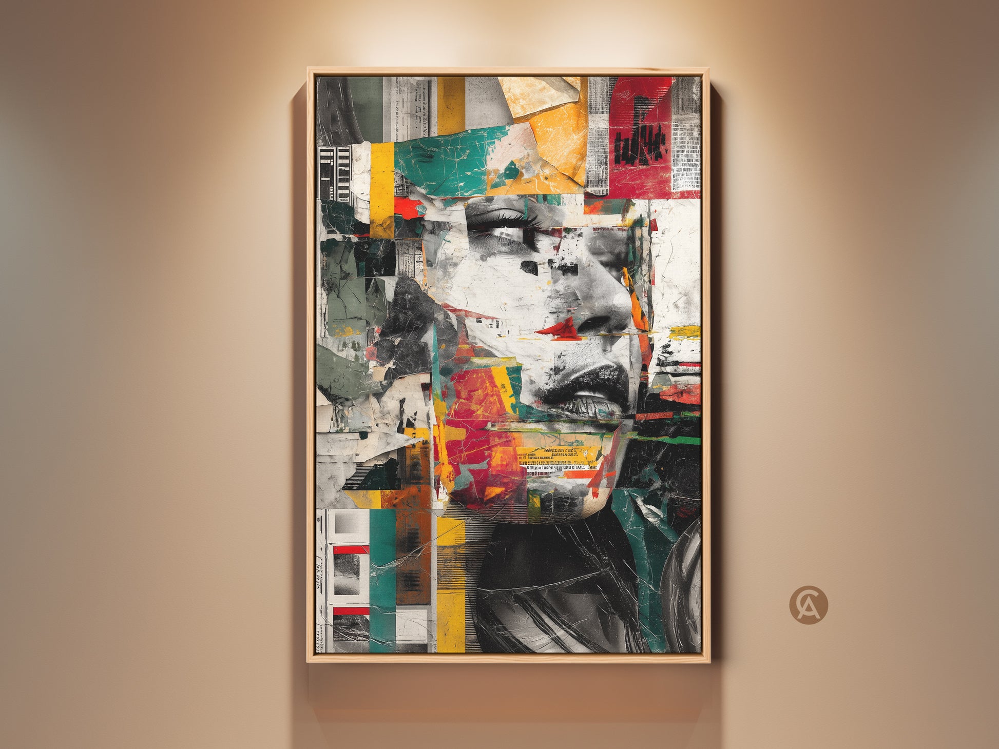 Framed abstract woman face collage art print. Eclectic artwork in red teal yellow. Modern mixed media print for bedroom or office wall decor. A unique portrait artwork that brings contemporary flair. Perfect gift for art lovers. Geometric collage print with vibrant colors. Textured artistic face for home or office.