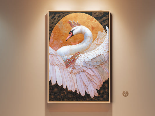 Framed white swan art print. It features a majestic swan with a crown & pearls. Gold and black backdrop adds regal elegance. Perfect eclectic decor for swan lovers. Ready to hang wall art makes a memorable birthday gift. Opulent fine art canvas print for a unique focal point.