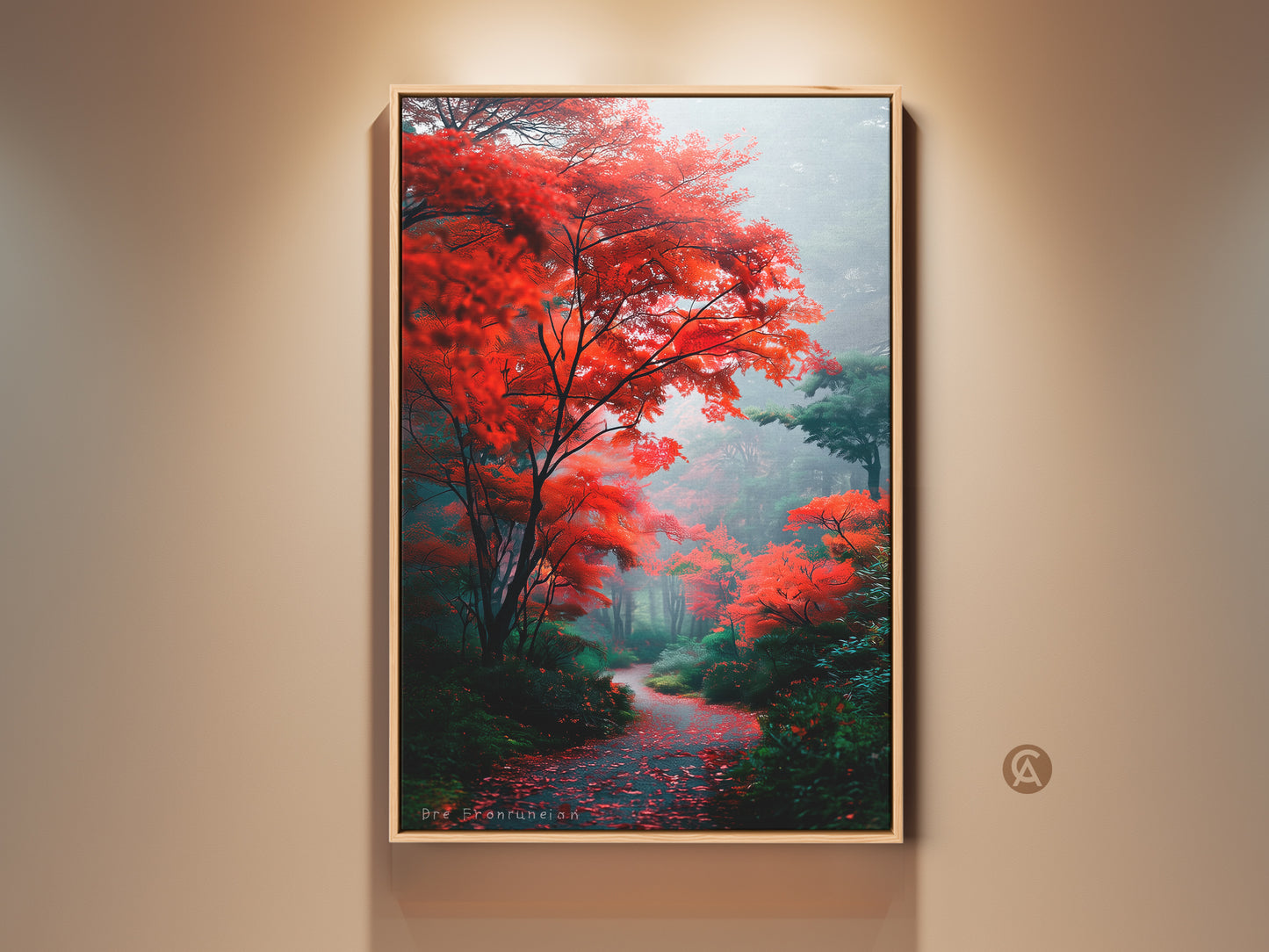 Experience the allure of a vibrant autumn forest with this framed artwork. The path is adorned with fallen leaves. Fiery red trees create a captivating contrast against the misty backdrop. Perfect for adding a touch of nature's beauty to your home decor.