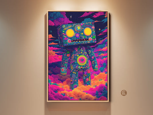 This framed art features a colorful robot standing on clouds. The robot artwork has a retro style. The frame is made of natural wood. Hang this unique piece to add a vibrant touch to your home decor.