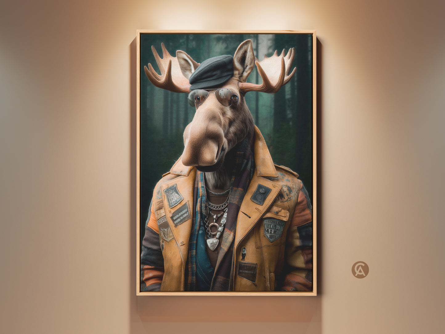 Surreal Dapper Moose Canvas Print. It features a moose in a flannel shirt and leather jacket. Eclectic wall artwork with mustard yellow & forest green tones. A unique office or study room gift.