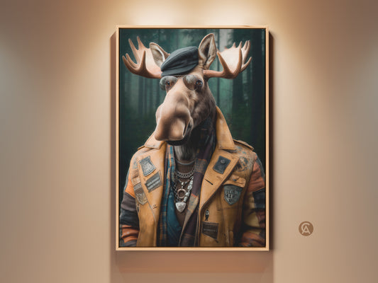 Surreal Dapper Moose Canvas Print. It features a moose in a flannel shirt and leather jacket. Eclectic wall artwork with mustard yellow & forest green tones. A unique office or study room gift.
