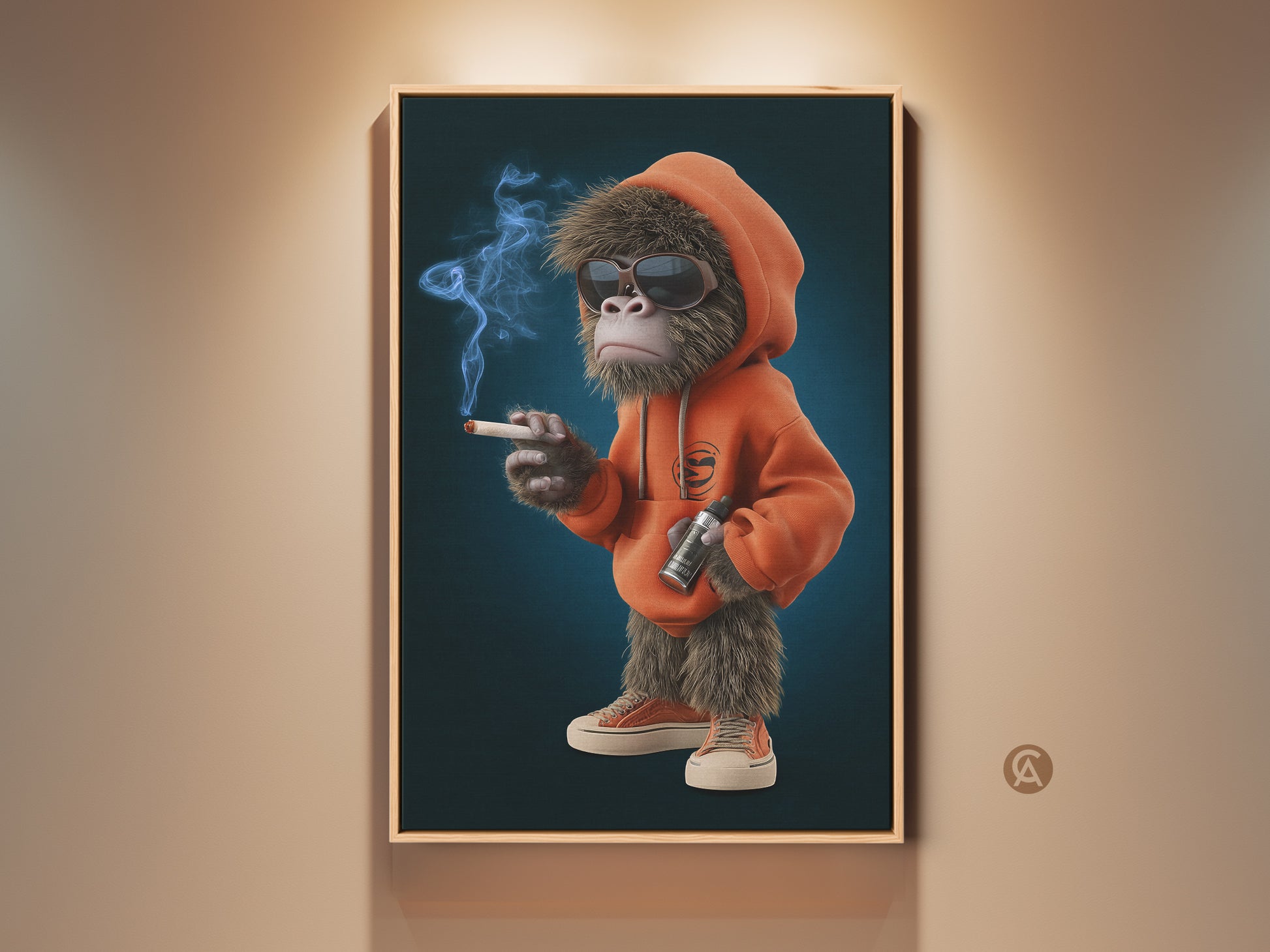 Streetwear monkey canvas art for a man cave. This cartoon animal print features a cool monkey wearing an orange hoodie and sunglasses. He's even smoking a cigarette. The artwork adds a unique blend of humor and pop culture to any space. It is perfect as office wall art or eclectic home decor.