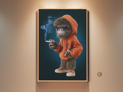 Streetwear monkey canvas art for a man cave. This cartoon animal print features a cool monkey wearing an orange hoodie and sunglasses. He's even smoking a cigarette. The artwork adds a unique blend of humor and pop culture to any space. It is perfect as office wall art or eclectic home decor.