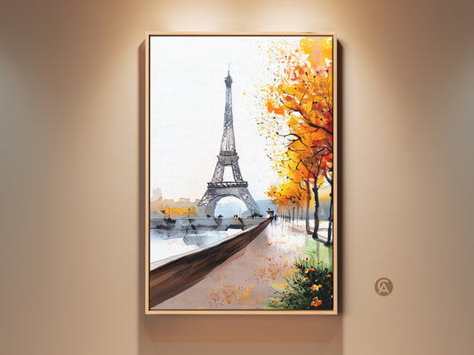 Eiffel Tower Parisian Autumn Watercolor Print. A beautiful orange and yellow art print brings the magic of Paris to your home. Perfect for bedroom or living room decor. This impressionistic cityscape canvas is a thoughtful Francophile gift.