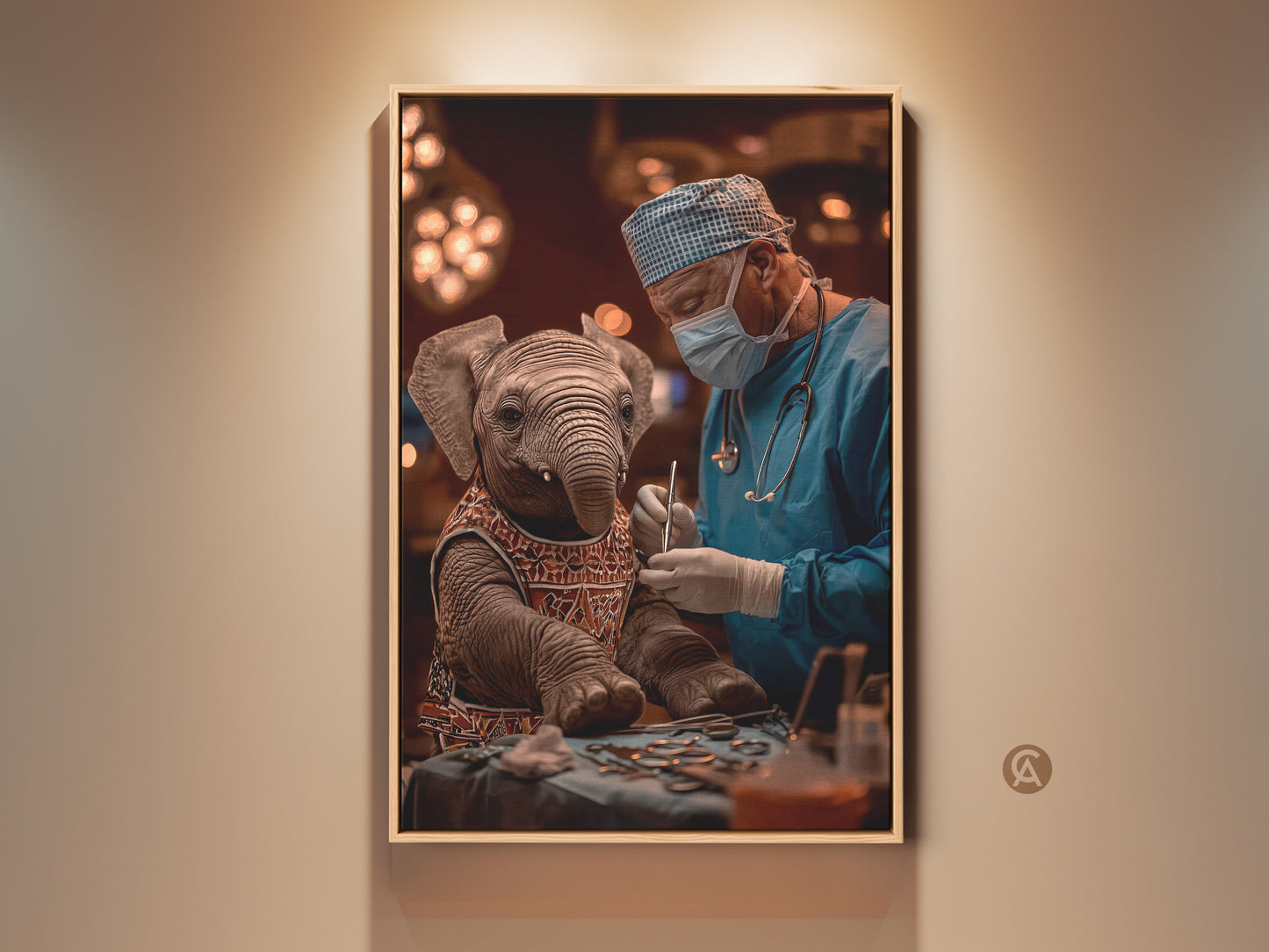 Elephant Surgeon Art Print. A surreal medical canvas wall art perfect as a vet tech gift or unique office decor. The brown and blue animal canvas features quirky surgery artwork and is ideal for eclectic animal art lovers. It's thoughtful gift for veterinarians and medical professionals looking for unusual office wall art.