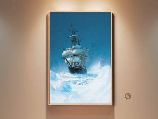 Vintage tall ship sailing through icy arctic waters art. This nautical maritime canvas print captures a sense of adventure. Perfect frozen sea artwork for a study or living room with deep blue and arctic blue tones.