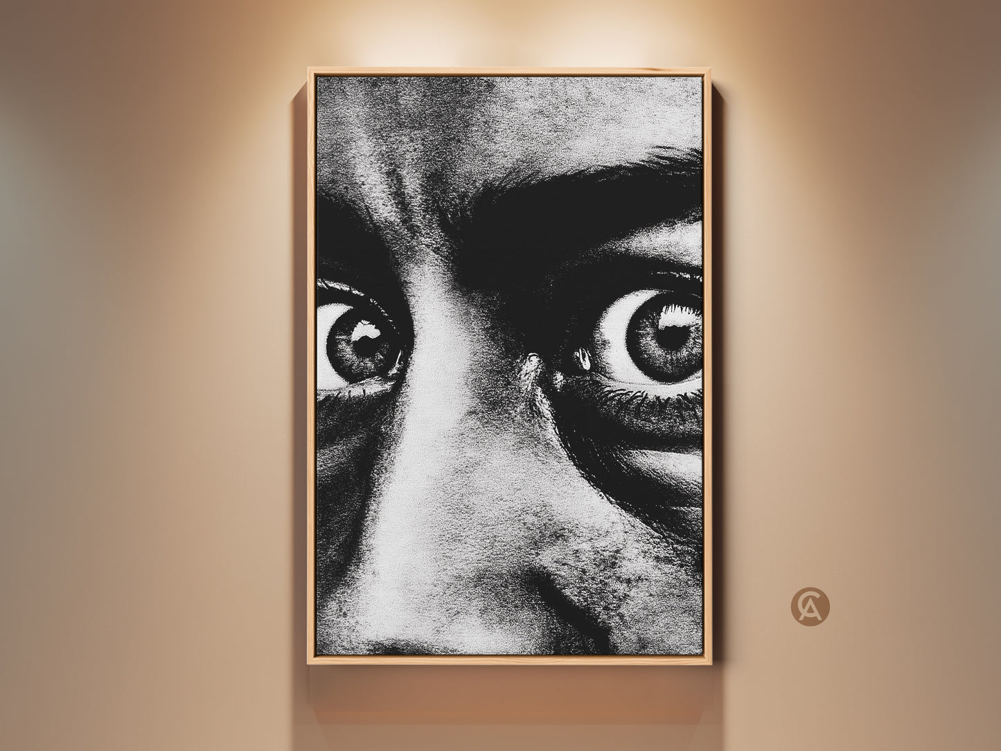 Monochrome face portrait canvas print in a wooden frame. The intense black and white eyes art creates a contemporary expression. This artwork enhances entryway or living room wall decor. A perfect gift for art lovers. The dramatic eyes canvas adds a bold touch to any modern home office.
