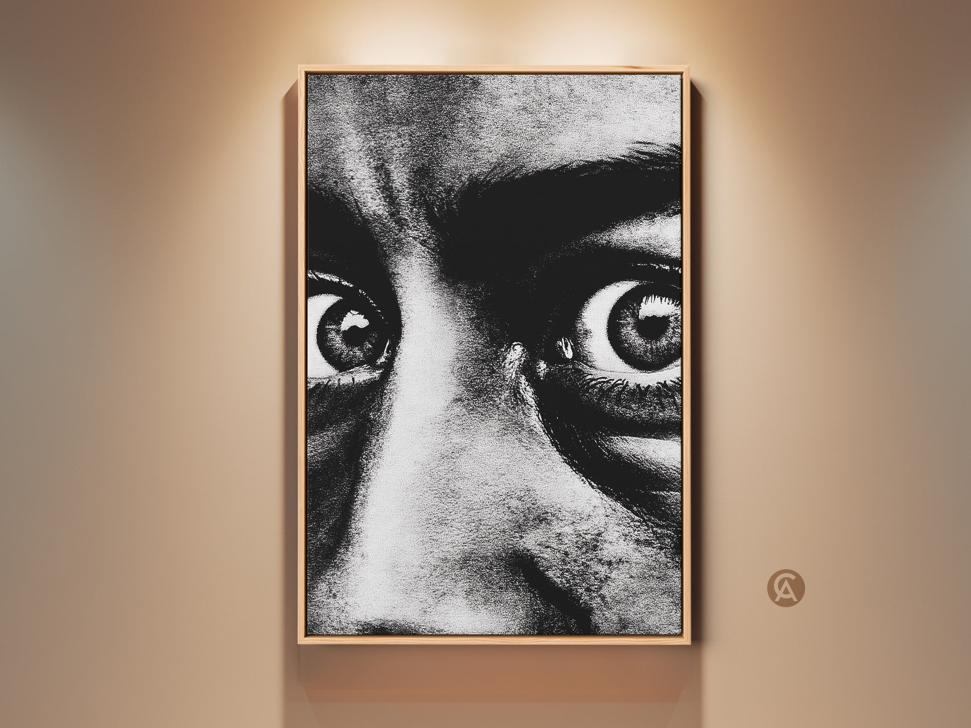 Monochrome face portrait canvas print in a wooden frame. The intense black and white eyes art creates a contemporary expression. This artwork enhances entryway or living room wall decor. A perfect gift for art lovers. The dramatic eyes canvas adds a bold touch to any modern home office.