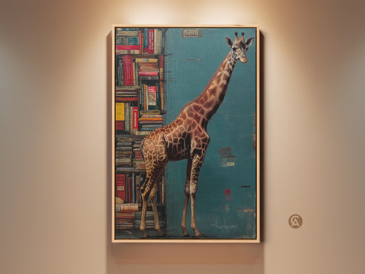 Vintage giraffe and bookshelf canvas art. This eclectic animal nature decor is perfect for a study room or home office. Teal and brown tones create a vintage library feel. It makes a great gift for book lovers seeking unique animal artwork.