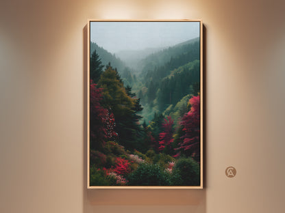 Framed landscape artwork capturing a misty mountain valley. The fine art print features lush autumn foliage. Available as wall art in oak floating frame. Transform your space with this captivating scenery.