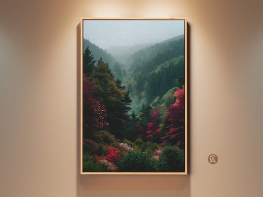 Framed landscape artwork capturing a misty mountain valley. The fine art print features lush autumn foliage. Available as wall art in oak floating frame. Transform your space with this captivating scenery.